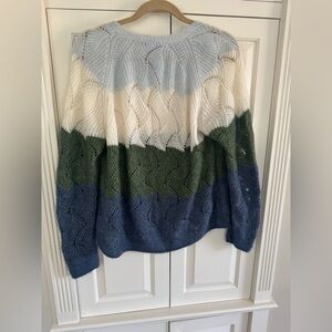 Autumn Cashmere Open-Knit Striped Crewneck Sweater in Blue, Green & Cream